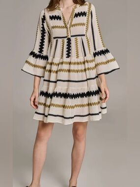 Devotion Twins Ella mini dress Sz:XS tiered ruffle geometric khaki/black zigzag.